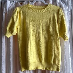 Bright Yellow Short Sleeve Eyelet Knit Sweater – Lightweight Spring Summer Top